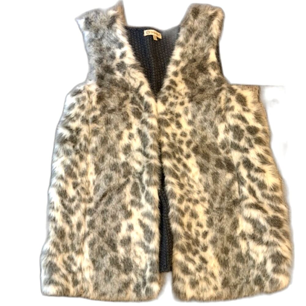 Democracy Faux Fur Vest Leopard Print Knit Back Cozy Layer Size M